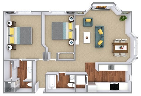 Floor plan for 2 beds, 2 baths, 910 sqft